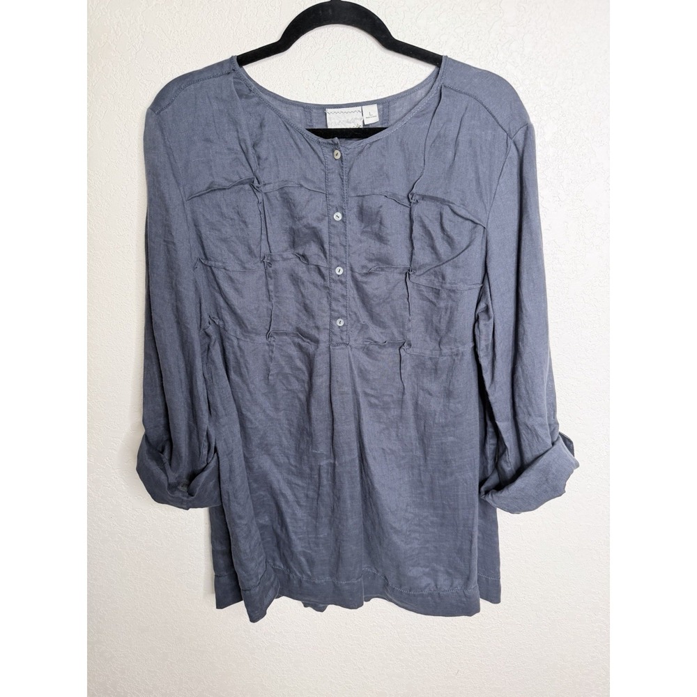 Nurture Linen Tunic Top Size L Lagenlook Popover Roll Sleeves Coastal Casual - Picture 2 of 11